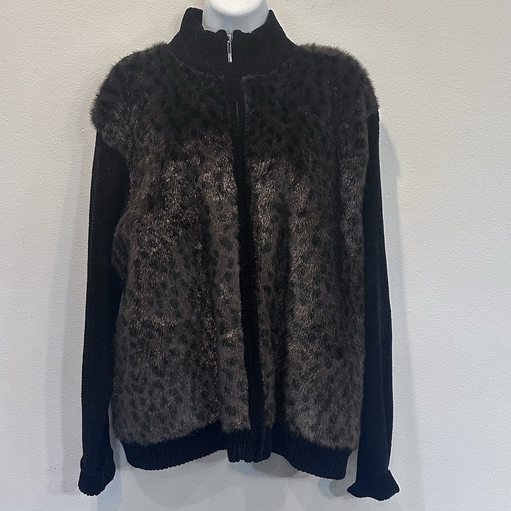 Victoria‎ Harbour Zip Up Knit Fur Animal Print Jacket Zip Up Sweater Size XL